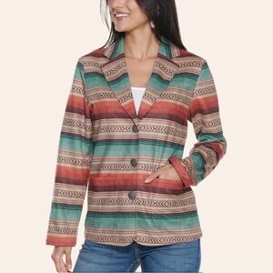 FASHION EXPRESS WOMEN'S TURQUOISE AND TAN SERAPE BLAZER JACKET Size Medium
